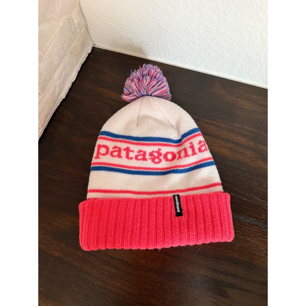 Patagonia Powder Town Beanie Colors: Pink White Blue Pom Pom Knit Hat